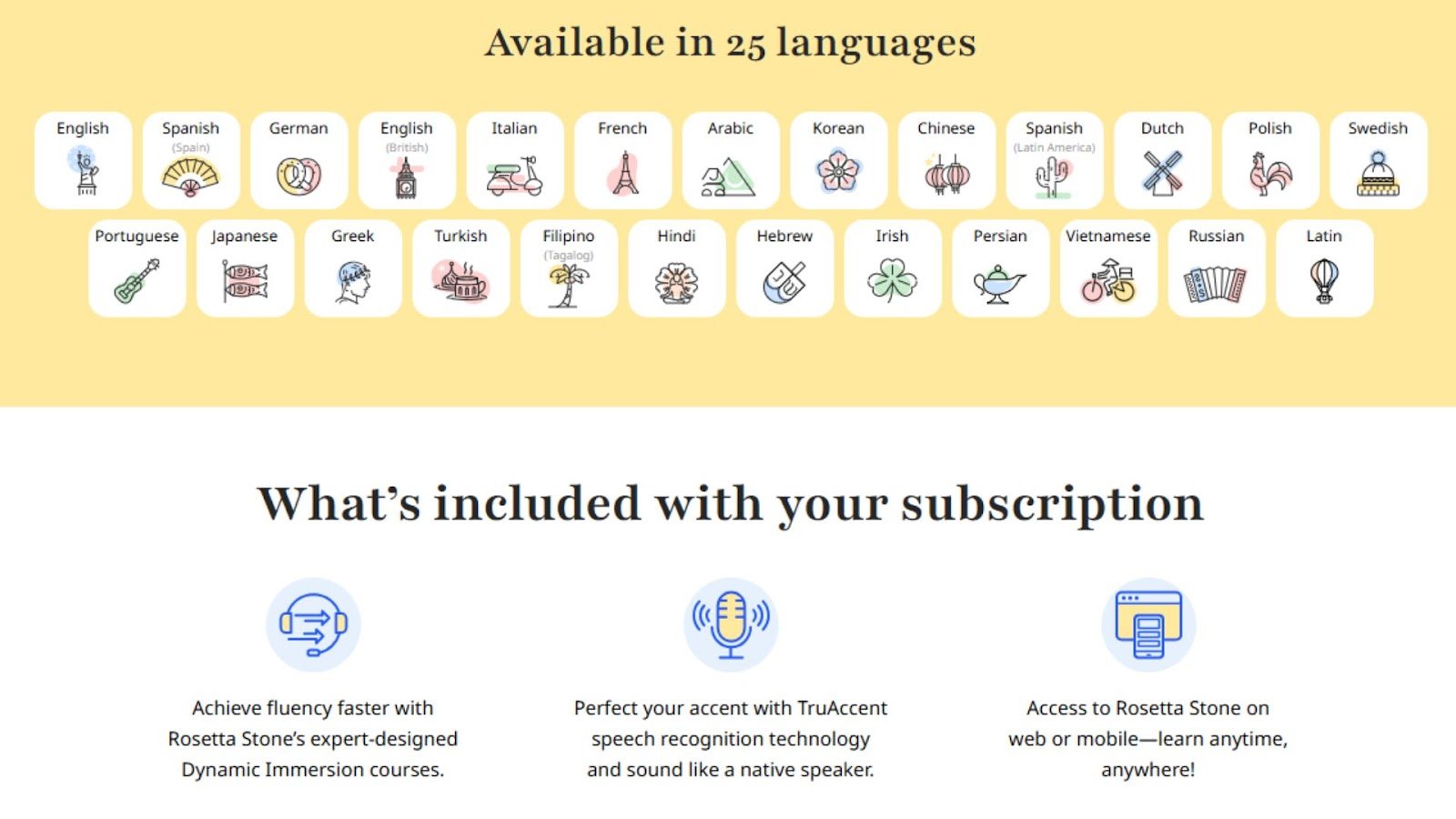 Rosetta Stone chart of available languages
