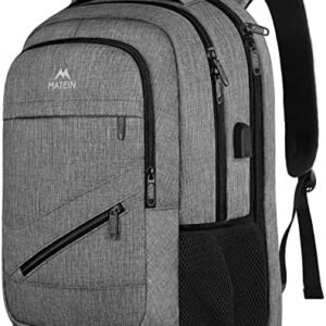 MATEIN Travel Laptop Backpack, 17 inch Business Flight Approved Carry on Backpack, TSA Large Travel Backpack for Men Women with USB Charger Port & Luggage Sleeve, Sturdy College Rucksack Bag, Grey