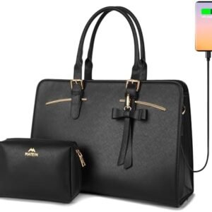 MATEIN Laptop Tote Bag for Women, Large Waterproof PU Leather Work Briefcase with USB Charging Port Casual Computer Shoulder Bag Messenger fits 15.6 Inch, Business Handbag Satchel Purse 2pcs Set,Black