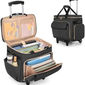 LUXJA Rolling Teacher Bag with Laptop Compartment and Detachable Dolly, Multifunctional Rolling Briefcase with Accordion File Area (Patent Pending), Black