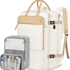 MATEIN Carry on Backpack for Women, 52L TSA Travel Laptop Backpack with USB Charging Port & Shoes Compartment, 17 Inch Extra Large Expandable Flight Approved Computer Bag with 2 Packing Cubes, Beige