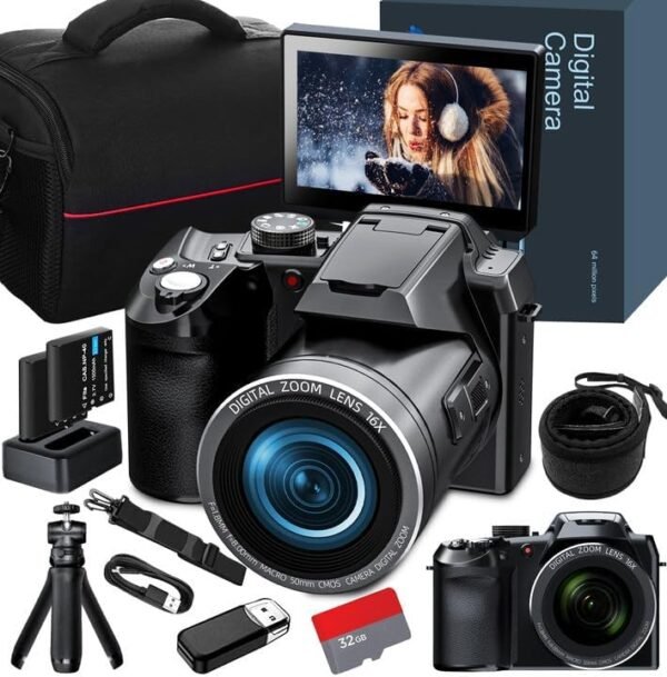64MP 4K Digital Camera for Photography, Vlogging Cameras for YouTube with 3” Flip Screen,16X Digital Zoom, WiFi& Autofocus,Cameras Strap&Tripod,2 Batteries, 32GB TF Card(S200，Black
