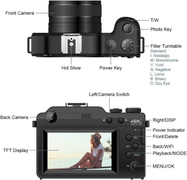 4K Digital Camera, 48MP Autofocus Cameras for Photography Vlogging Camera Dual Camera 18X Digital Zoom Anti-Shake Camera WiFi for YouTube Video Compact Camera, Point and Shoot Digital Cameras - Image 8