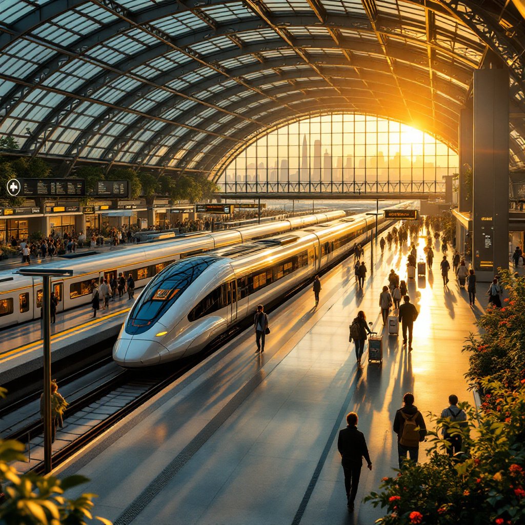 Futuristic European Train Station Sunset