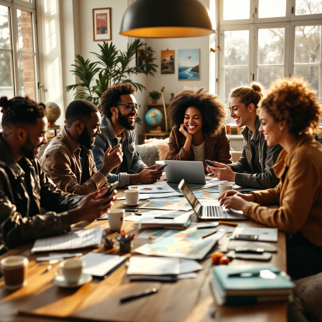 Diverse Friends Planning Vacation Table