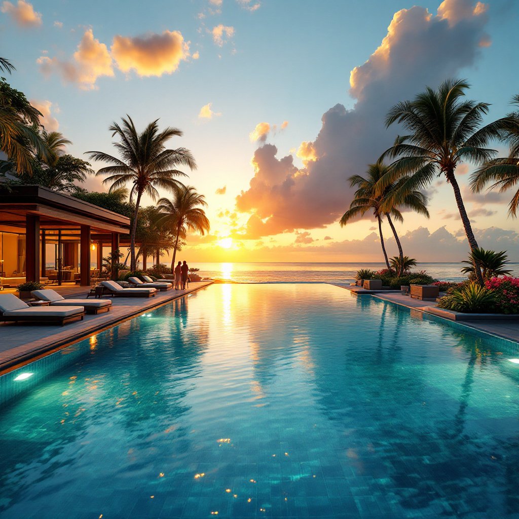 Luxury Tropical Resort Infinity Pool Sunset