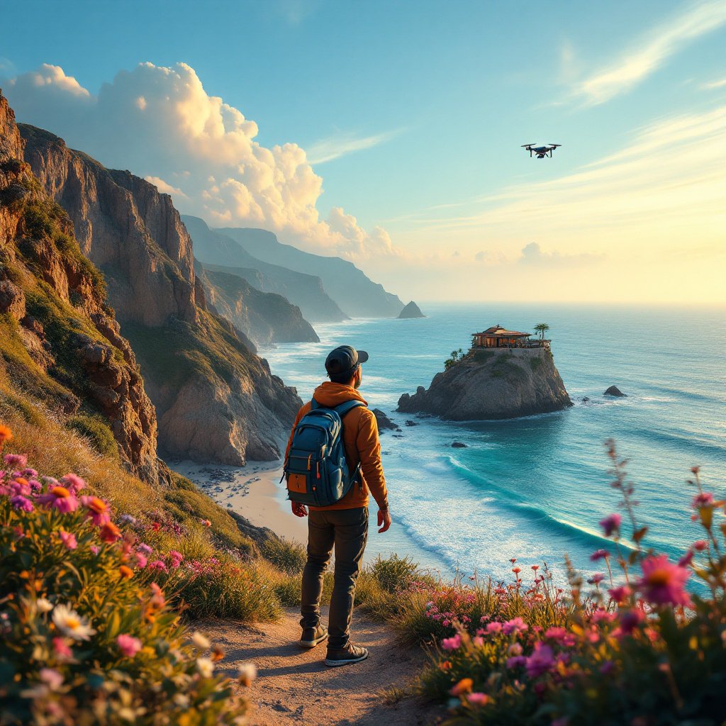 Solo Traveler Coastal Cliffside Golden Hour