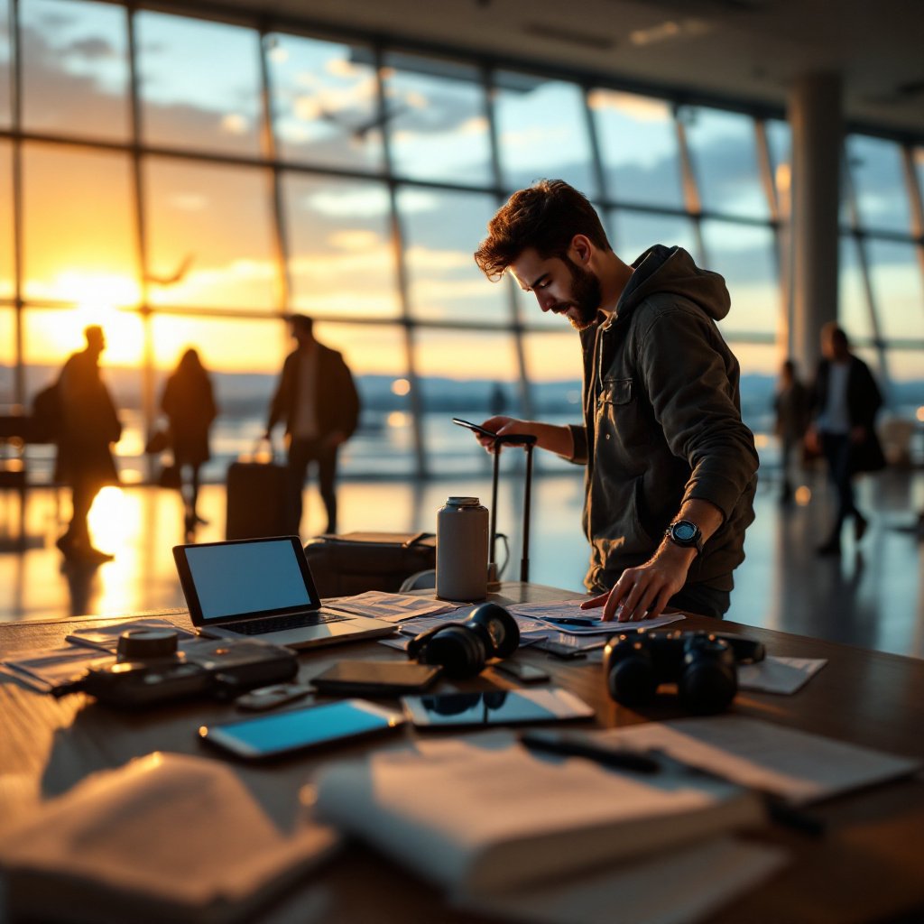Young Traveler Packing Suitcase Airport Lounge