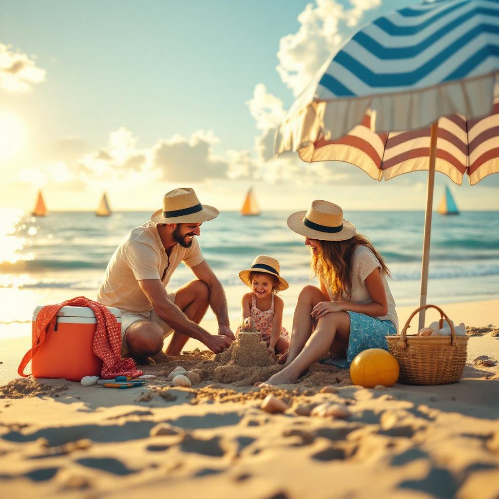 Joyful Family Building Sandcastle Beach Sunset