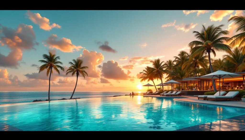 Luxurious Tropical Resort Infinity Pool Golden Hour